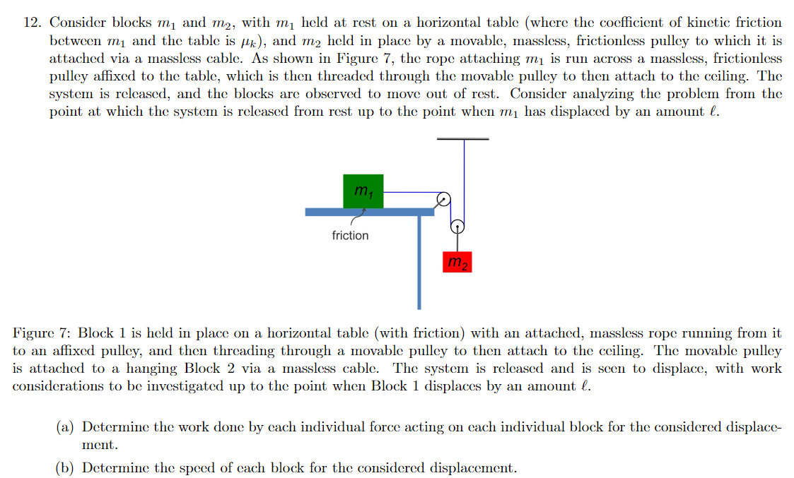 Consider blocks m1 and m2, with m1 held at rest on a horizontal table (where the coefficient of kinetic friction between m1 and the table is μk ), and m2 held in place by a movable, massless, frictionless pulley to which it is attached via a massless cable. As shown in Figure 7, the rope attaching m1 is run across a massless, frictionless pulley affixed to the table, which is then threaded through the movable pulley to then attach to the ceiling. The system is released, and the blocks are observed to move out of rest. Consider analyzing the problem from the point at which the system is released from rest up to the point when m1 has displaced by an amount ℓ. Figure 7: Block 1 is held in place on a horizontal table (with friction) with an attached, massless rope running from it to an affixed pulley, and then threading through a movable pulley to then attach to the ceiling. The movable pulley is attached to a hanging Block 2 via a massless cable. The system is released and is seen to displace, with work considerations to be investigated up to the point when Block 1 displaces by an amount ℓ. (a) Determine the work done by each individual force acting on each individual block for the considered displacement. (b) Determine the speed of each block for the considered displacement.