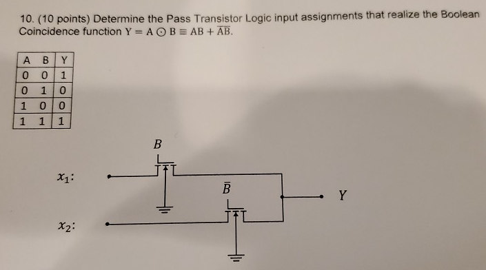 (10 points) Determine the Pass Transistor Logic input assignments that realize the Boolean Coincidence function Y = A⊙B ≡ AB + AB¯. 