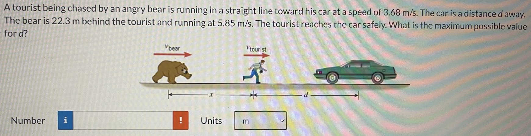 A tourist being chased by an angry bear is running in a straight line toward his car at a speed of 3.68 m/s. The car is a distance d away. The bear is 22.3 m behind the tourist and running at 5.85 m/s. The tourist reaches the car safely. What is the maximum possible value ford? Number Units m