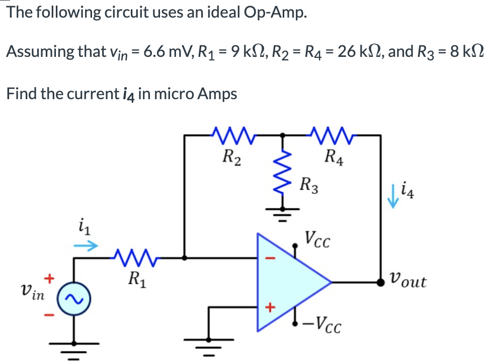 The following circuit uses an ideal Op-Amp. Assuming that vin = 6.6 mV, R1 = 9 kΩ, R2 = R4 = 26 kΩ, and R3 = 8 kΩ Find the current i4 in micro Amps