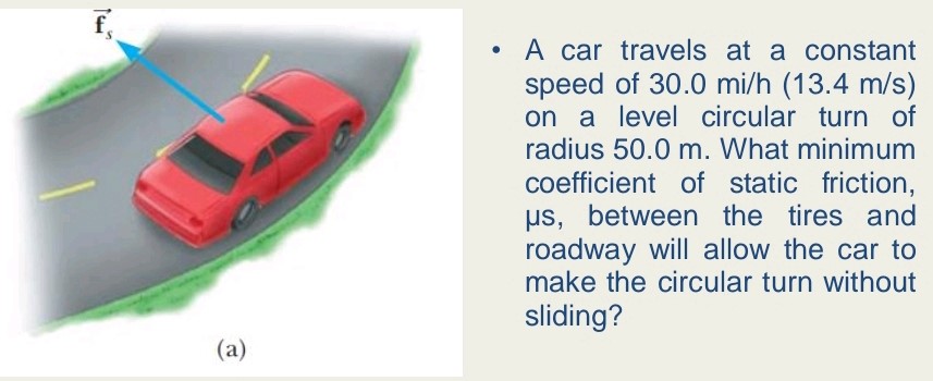 A car travels at a constant speed of 30.0 mi/h (13.4 m/s) on a level circular turn of radius 50.0 m. What minimum coefficient of static friction, μs, between the tires and roadway will allow the car to make the circular turn without sliding?