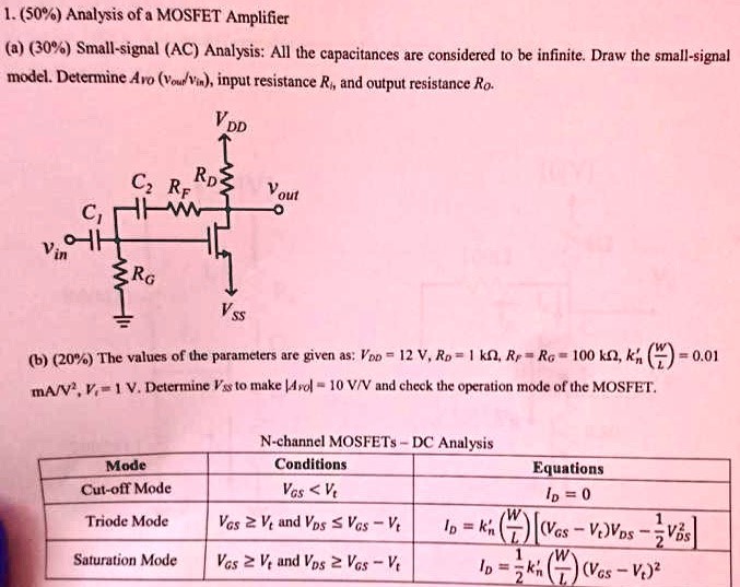 (50%) Analysis of a MOSFET Amplifier (a) (30%) Small-signal (AC) Analysis: All the capacitances are considered to be infinite. Draw the small-signal model. Determine Avo ( voul /vin), input resistance Rh, and output resistance Ro. (b) (20%) The values of the parameters are given as: VDD = 12 V, RD = 1 kΩ, RP = RG = 100 kΩ, kn′(WL) = 0.01 mA/V2, V1 = 1 V. Determine Vss to make |Avo| = 10 V/V and check the operation mode of the MOSFET. N-channel MOSFETs - DC Analysis