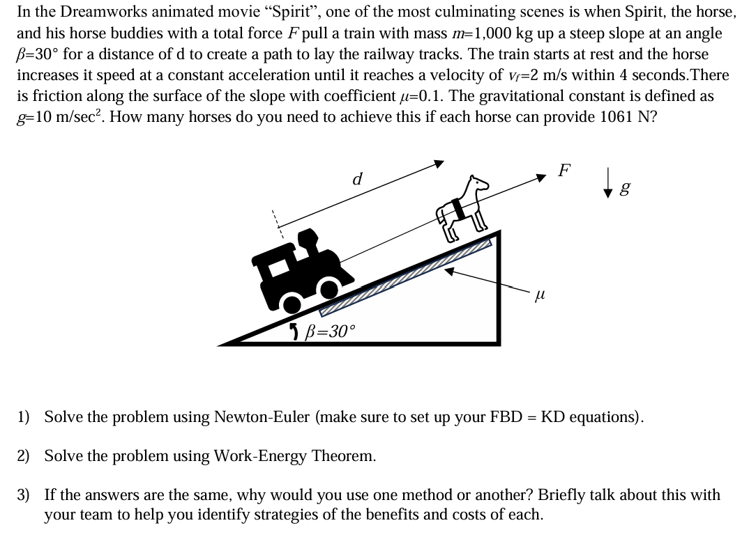 In the Dreamworks animated movie "Spirit", one of the most culminating scenes is when Spirit, the horse, and his horse buddies with a total force F pull a train with mass m = 1,000 kg up a steep slope at an angle β = 30∘ for a distance of d to create a path to lay the railway tracks. The train starts at rest and the horse increases it speed at a constant acceleration until it reaches a velocity of vf = 2 m/s within 4 seconds. There is friction along the surface of the slope with coefficient μ = 0.1. The gravitational constant is defined as g = 10 m/sec2. How many horses do you need to achieve this if each horse can provide 1061 N ? Solve the problem using Newton-Euler (make sure to set up your FBD = KD equations). Solve the problem using Work-Energy Theorem. If the answers are the same, why would you use one method or another? Briefly talk about this with your team to help you identify strategies of the benefits and costs of each. 