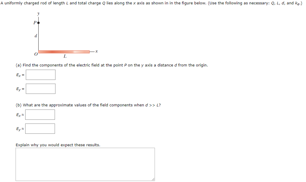 A uniformly charged rod of length L and total charge Q lies along the x axis as shown in in the figure below. (Use the following as necessary: Q, L, d, and ke.) (a) Find the components of the electric field at the point P on the y axis a distance d from the origin. Ex = Ey = (b) What are the approximate values of the field components when d > > L? Ex ≈ Ey ≈ Explain why you would expect these results.