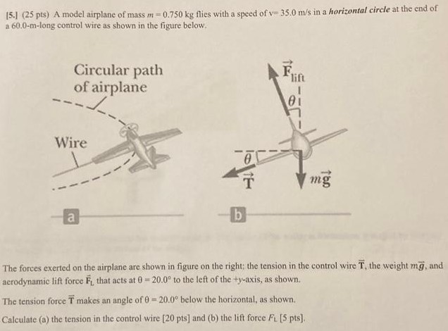 A model airplane of mass m = 0.750 kg flies with a speed of v = 35.0 m/s in a horizontal circle at the end of a 60.0 -m-long control wire as shown in the figure below. a b The forces exerted on the airplane are shown in figure on the right; the tension in the control wire T→, the weight mg→, and aerodynamic lift force F→L that acts at θ = 20.0∘ to the left of the +y-axis, as shown. The tension force T― makes an angle of θ = 20.0∘ below the horizontal, as shown. Calculate (a) the tension in the control wire [20 pts] and (b) the lift force FL [5 pts].