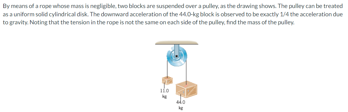 By means of a rope whose mass is negligible, two blocks are suspended over a pulley, as the drawing shows. The pulley can be treated as a uniform solid cylindrical disk. The downward acceleration of the 44.0-kg block is observed to be exactly 1/4 the acceleration due to gravity. Noting that the tension in the rope is not the same on each side of the pulley, find the mass of the pulley.