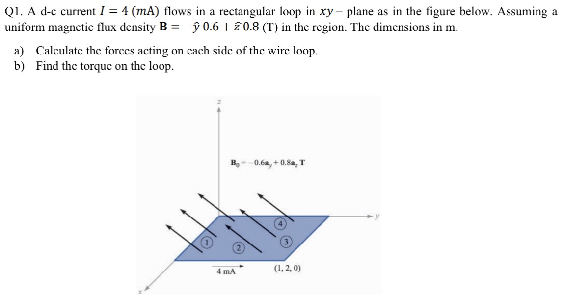 Q1. A d-c current I = 4(mA) flows in a rectangular loop in xy - plane as in the figure below. Assuming a uniform magnetic flux density B = −y^0.6 + z^0.8 (T) in the region. The dimensions in m. a) Calculate the forces acting on each side of the wire loop. b) Find the torque on the loop.