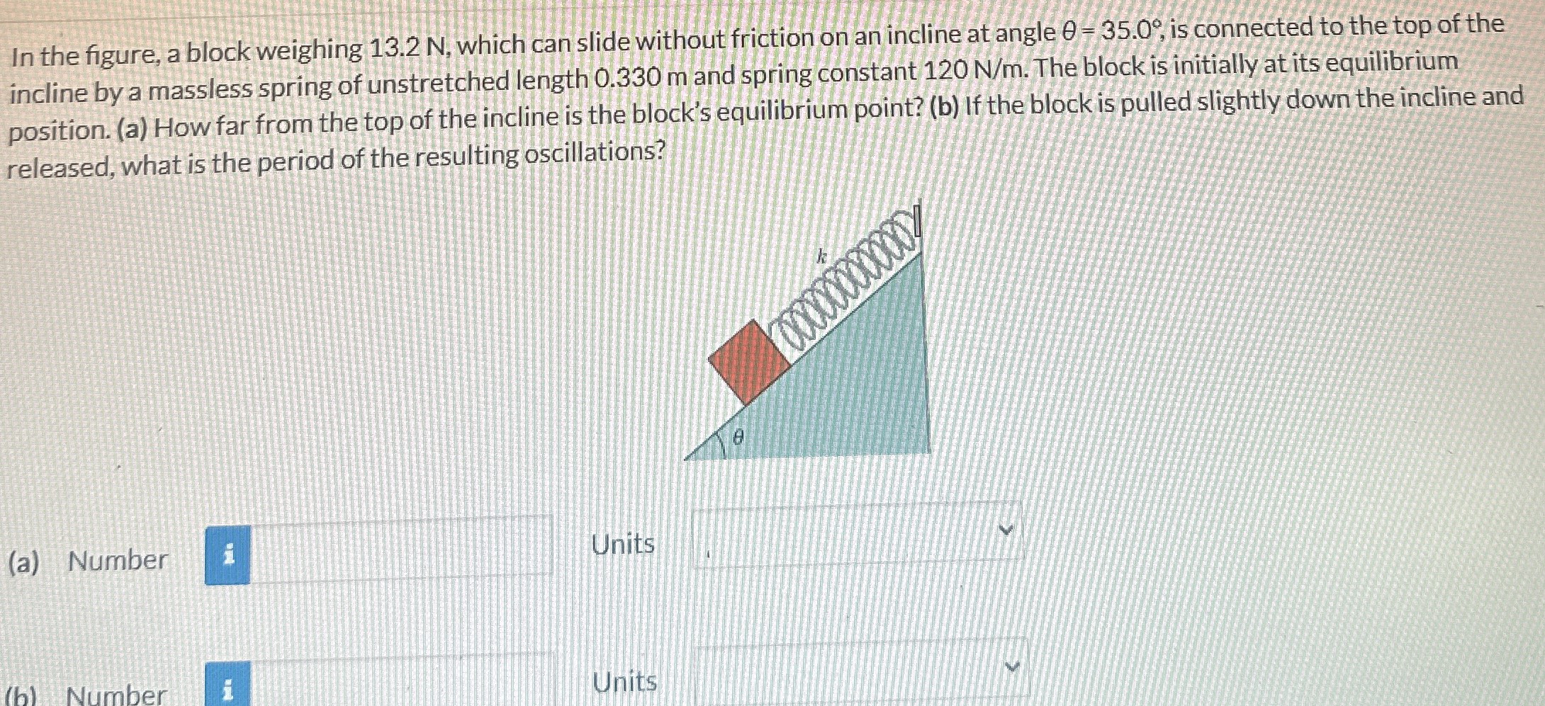 In the figure, a block weighing 13.2 N, which can slide without friction on an incline at angle θ = 35.0∘, is connected to the top of the incline by a massless spring of unstretched length 0.330 m and spring constant 120 N/m. The block is initially at its equilibrium position. (a) How far from the top of the incline is the block's equilibrium point? (b) If the block is pulled slightly down the incline and released, what is the period of the resulting oscillations? (a) Number Units (b) Number Units