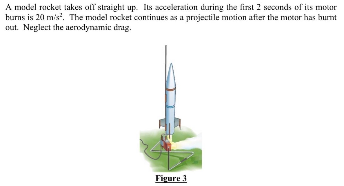 A model rocket takes off straight up. Its acceleration during the first 2 seconds of its motor burns is 20 m/s2. The model rocket continues as a projectile motion after the motor has burnt out. Neglect the aerodynamic drag. Figure 3 1.) ﻿determine the maximum altitude (height) ﻿the rocket reaches. 2.) ﻿determine the total time of flight from takeoff until the rocket hits the ground. 3.) ﻿determine the maximum velocity of the rocket during the flight.