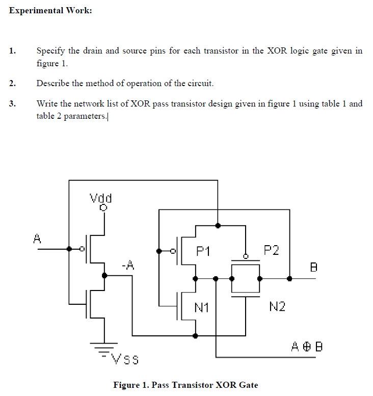 Experimental Work: Specify the drain and source pins for each transistor in the XOR logic gate given in figure 1. Describe the method of operation of the circuit. Write the network list of XOR pass transistor design given in figure 1 using table 1 and table 2 parameters. Figure 1. Pass Transistor XOR Gate