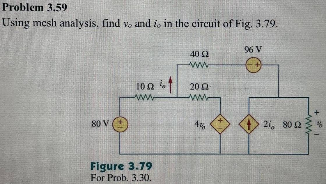 Problem 3.59 Using mesh analysis, find vo and io in the circuit of Fig. 3.79. Figure 3.79 For Prob. 3.30.