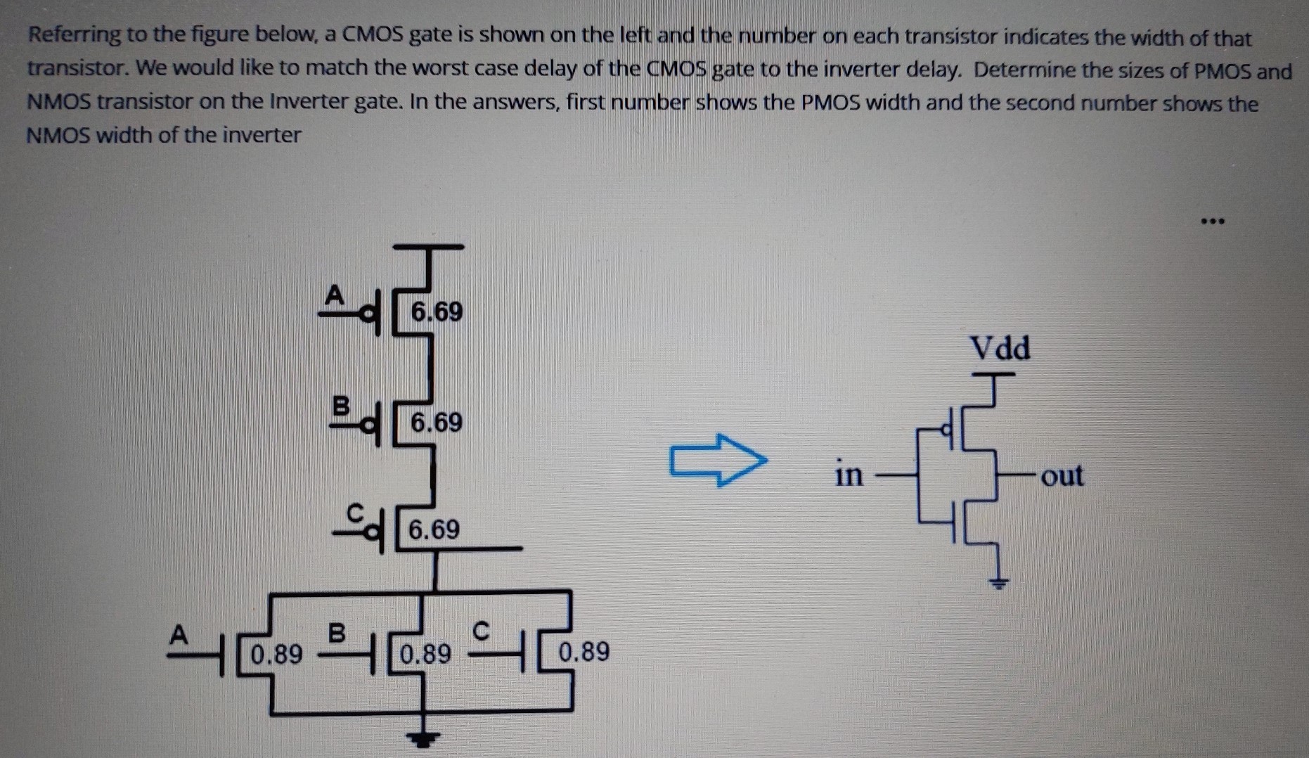 Referring to the figure below, a CMOS gate is shown on the left and the number on each transistor indicates the width of that transistor. We would like to match the worst case delay of the CMOS gate to the inverter delay. Determine the sizes of PMOS and NMOS transistor on the Inverter gate. In the answers, first number shows the PMOS width and the second number shows the NMOS width of the inverter 