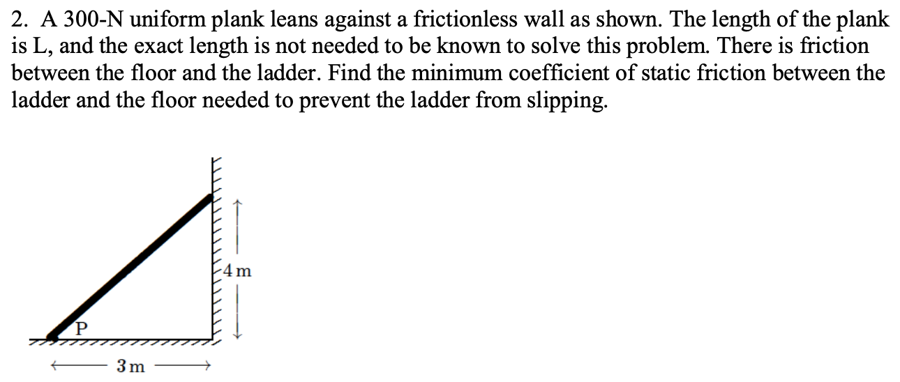 A 300-N uniform plank leans against a frictionless wall as shown. The length of the plank is L, and the exact length is not needed to be known to solve this problem. There is friction between the floor and the ladder. Find the minimum coefficient of static friction between the ladder and the floor needed to prevent the ladder from slipping.