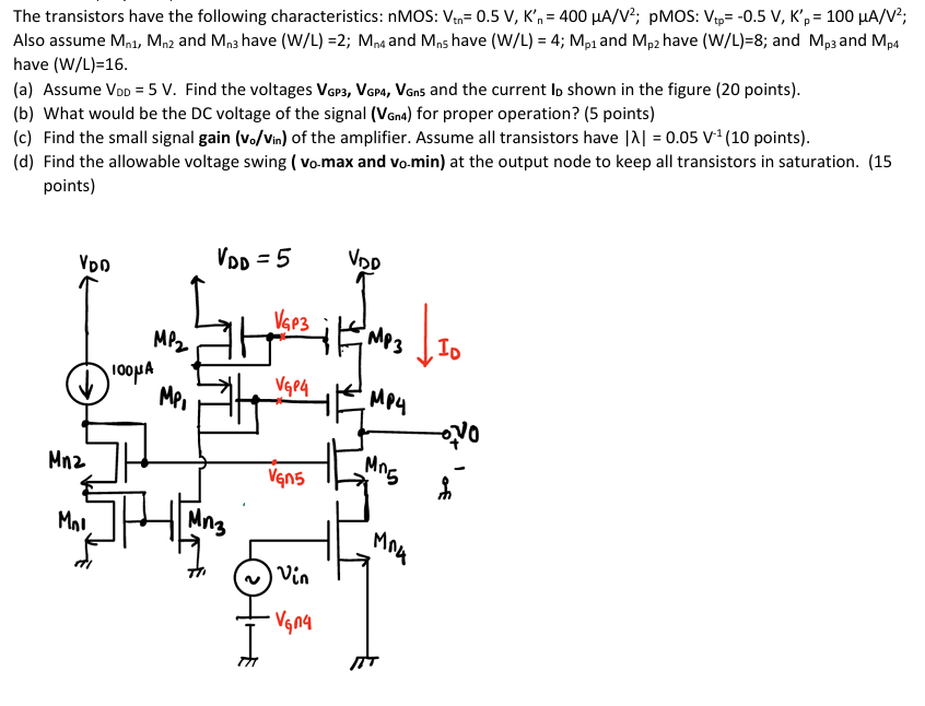 The transistors have the following characteristics: nMOS: Vtn = 0.5 V, Kn′ = 400 μA/V2; pMOS: Vtp = −0.5 V, Kp′ = 100 μA/V2; Also assume Mn1, Mn2 and Mn3 have (W/L) = 2; Mn4 and Mn5 have (W/L) = 4; Mp1 and Mp2 have (W/L) = 8; and Mp3 and Mp4 have (W/L) = 16. (a) Assume VDD = 5 V. Find the voltages VGP3, VGP4, VGn5 and the current ID shown in the figure (20 points). (b) What would be the DC voltage of the signal (VGn4) for proper operation? (5 points) (c) Find the small signal gain (vo/vin) of the amplifier. Assume all transistors have |λ| = 0.05 V−1 ( 10 points). (d) Find the allowable voltage swing (vo-max and vo-min) at the output node to keep all transistors in saturation. (15 points)