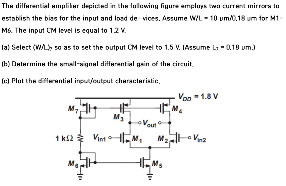 The differential amplifier depicted in the following figure employs two current mirrors to establish the bias for the input and load de-vices. Assume W/L = 10 μm/0.18 μm for M1 M6. The input CM level is equal to 1.2 V. (a) Select (W/L)7 so as to set the output CM level to 1.5 V. (Assume L7 = 0.18 μm.) (b) Determine the small-signal differential gain of the circuit. (c) Plot the differential input/output characteristic.