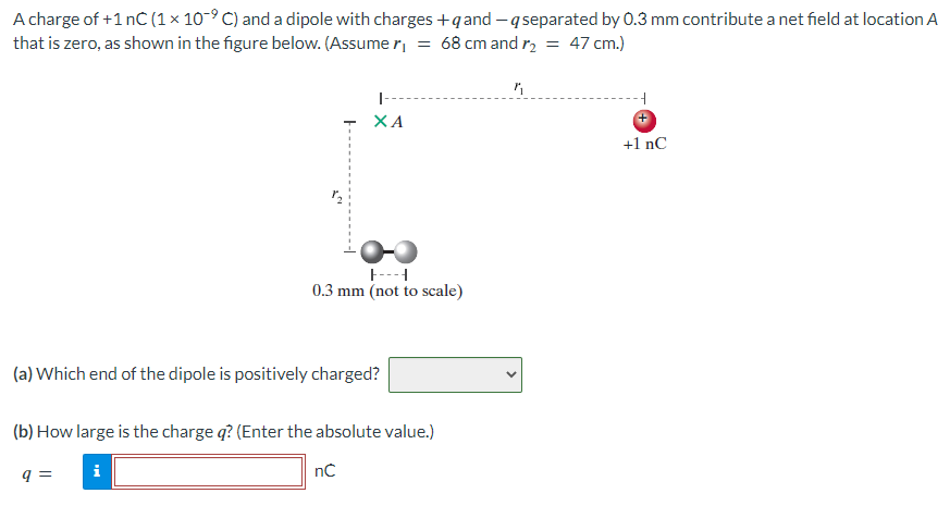 A charge of +1 nC (1×10−9 C) and a dipole with charges +q and −q separated by 0.3 mm contribute a net field at location A that is zero, as shown in the figure below. (Assume r1 = 68 cm and r2 = 47 cm.) (a) Which end of the dipole is positively charged? (b) How large is the charge q? (Enter the absolute value.) q = nC 