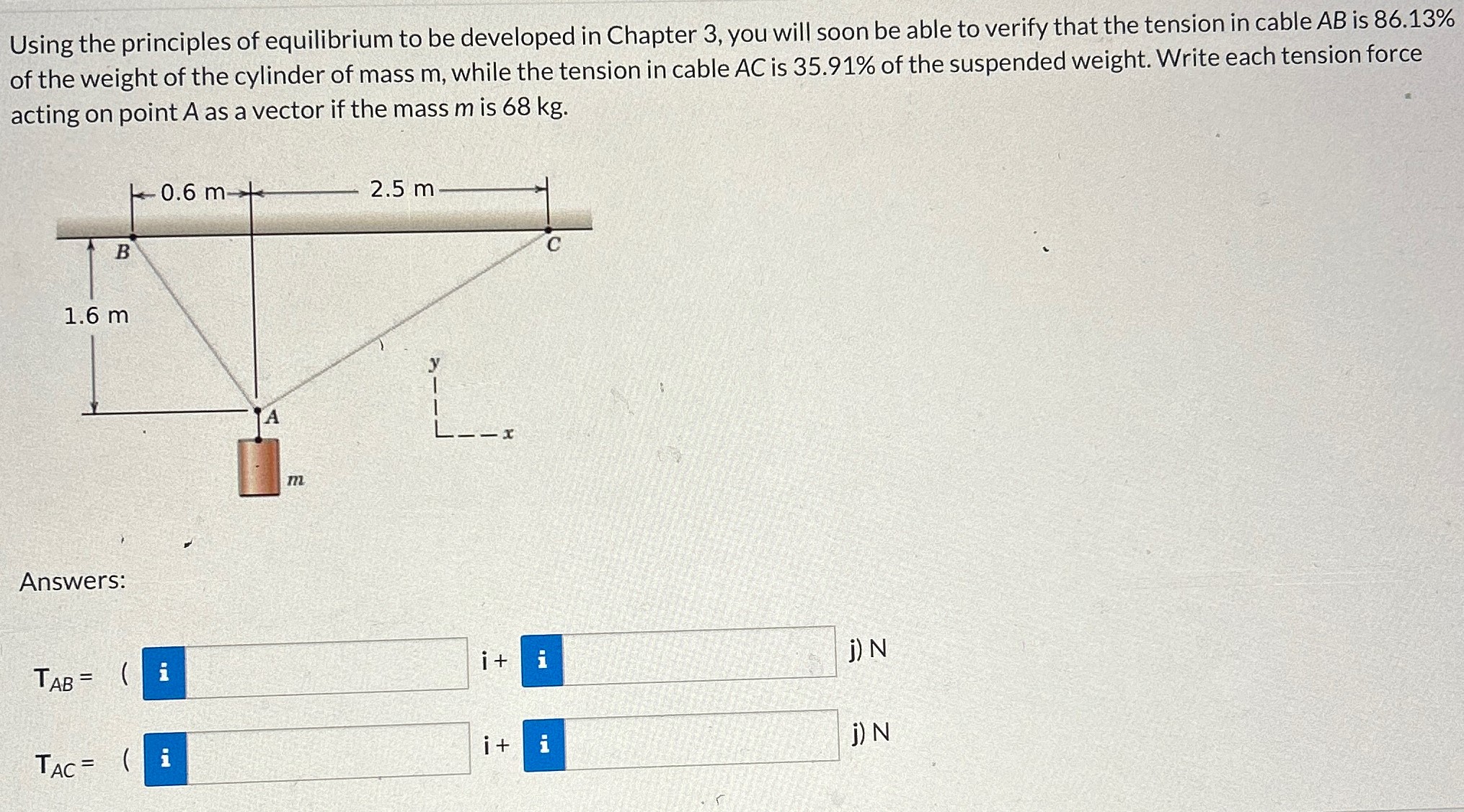 Using the principles of equilibrium to be developed in Chapter 3 , you will soon be able to verify that the tension in cable AB is 86.13% of the weight of the cylinder of mass m, while the tension in cable AC is 35.91% of the suspended weight. Write each tension force acting on point A as a vector if the mass m is 68 kg. Answers: TAB = ( i + ј) N TAC = ( i + ј) N