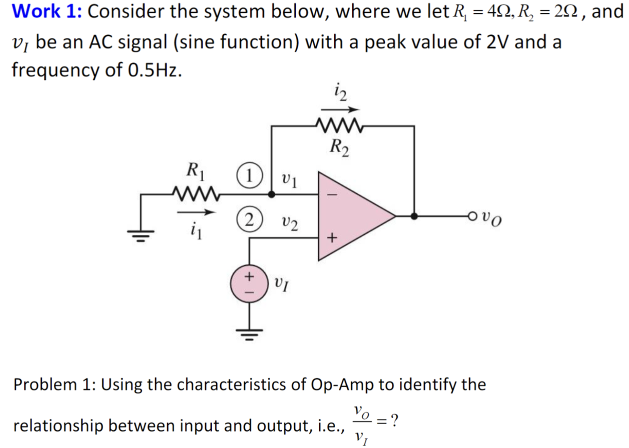 Work 1: Consider the system below, where we let R1 = 4 Ω, R2 = 2 Ω, and vI be an AC signal (sine function) with a peak value of 2 V and a frequency of 0.5 Hz. Problem 1: Using the characteristics of Op-Amp to identify the relationship between input and output, i. e. , vO vI = ? 