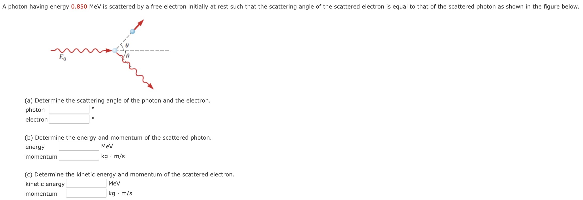 A photon having energy 0.850 MeV is scattered by a free electron initially at rest such that the scattering angle of the scattered electron is equal to that of the scattered photon as shown in the figure (a) Determine the scattering angle of the photon and the electron. photon electron (b) Determine the energy and momentum of the scattered photon. energy MeV momentum kg⋅m/s (c) Determine the kinetic energy and momentum of the scattered electron. kinetic energy MeV momentum kg⋅m/s