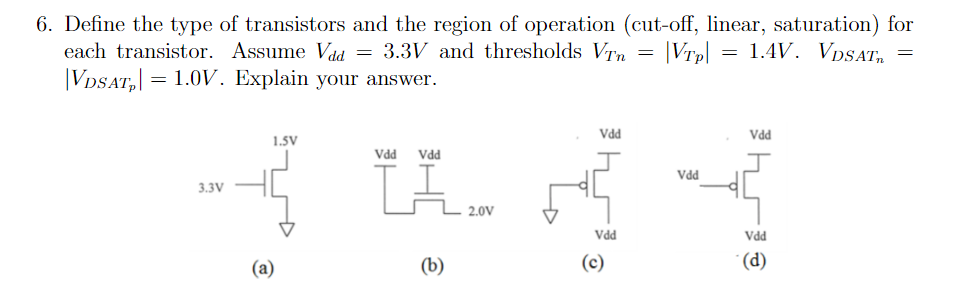 Define the type of transistors and the region of operation (cut-off, linear, saturation) for each transistor. Assume Vdd = 3.3 V and thresholds VTn = |VTp| = 1.4 V. VDSATn = |VDSATp| = 1.0 V. Explain your answer. (a) (b) (c) (d) 