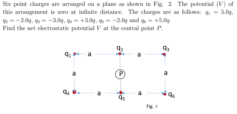 Six point charges are arranged on a plane as shown in Fig. 2. The potential (V) of this arrangement is zero at infinite distance. The charges are as follows: q1 = 5.0q, q2 = −2.0q, q3 = −3.0q, q4 = +3.0q, q5 = −2.0q and q6 = +5.0q. Find the net electrostatic potential V at the central point P. Fig. 2