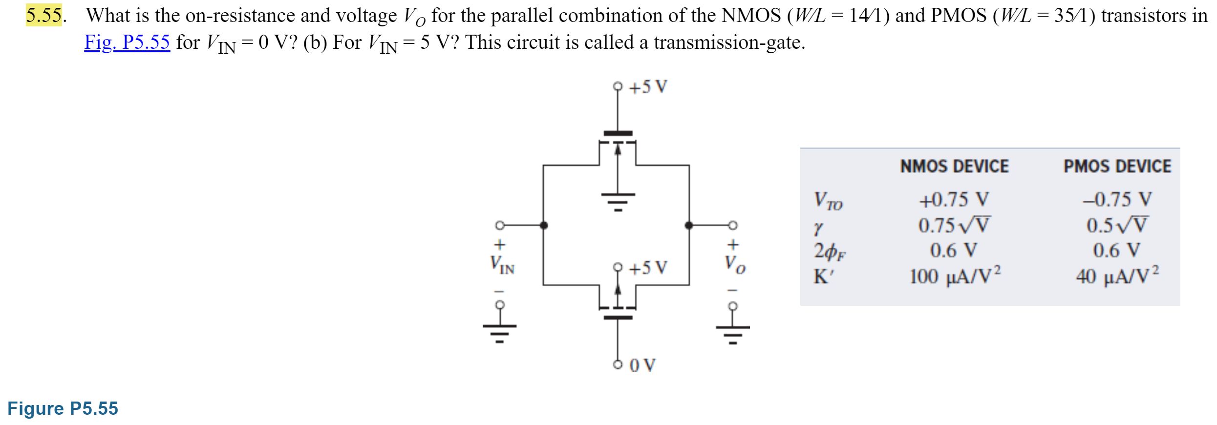 5.55. What is the on-resistance and voltage VO for the parallel combination of the NMOS (W/L = 14/1) and PMOS (W/L = 35/1) transistors in Fig. P5.55 for VIN = 0 V? (b) For VIN = 5 V? This circuit is called a transmission-gate. Figure P5.55