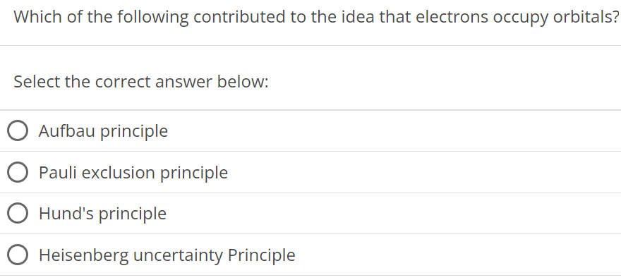 Which of the following contributed to the idea that electrons occupy orbitals? Select the correct answer below: Aufbau principle Pauli exclusion principle Hund's principle Heisenberg uncertainty Principle 