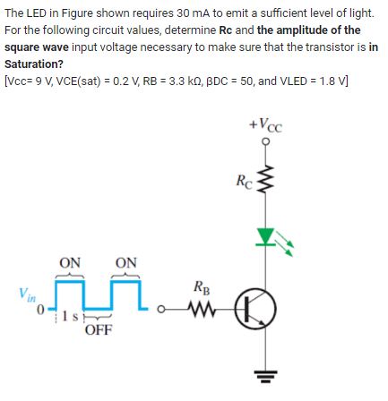 The LED in Figure shown requires 30 mA to emit a sufficient level of light. For the following circuit values, determine Rc and the amplitude of the square wave input voltage necessary to make sure that the transistor is in Saturation? [Vcc = 9 V, VCE(sat) = 0.2 V, RB = 3.3 kΩ, βDC = 50, and VLED = 1.8 V] 