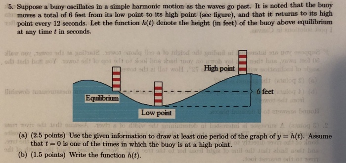 Suppose a buoy oscillates in a simple harmonic motion as the waves go past. It is noted that the buoy moves a total of 6 feet from its low point to its high point (see figure), and that it returns to its high point every 12 seconds. Let the function h(t) denote the height (in feet) of the buoy above equilibrium at any time t in seconds. (a) (2.5 points) Use the given information to draw at least one period of the graph of y = h(t). Assume that t = 0 is one of the times in which the buoy is at a high point. (b) (1.5 points) Write the function h(t).