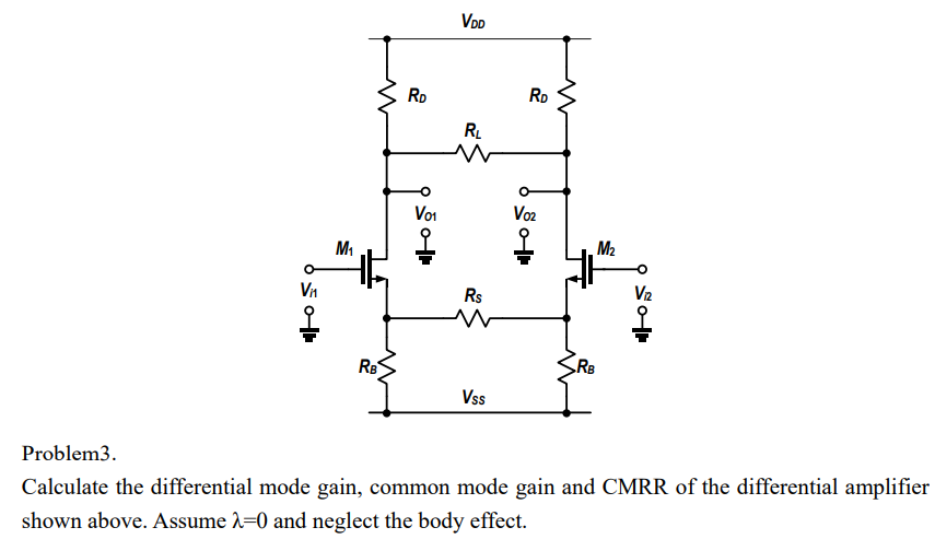 Problem3. Calculate the differential mode gain, common mode gain and CMRR of the differential amplifier shown above. Assume λ = 0 and neglect the body effect.