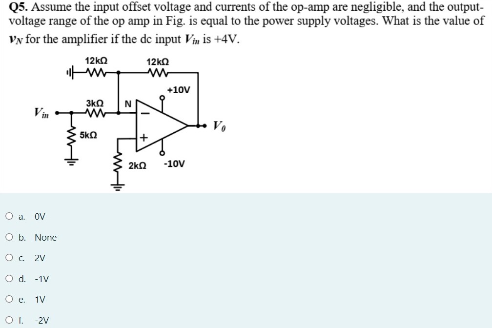 Q5. Assume the input offset voltage and currents of the op-amp are negligible, and the outputvoltage range of the op amp in Fig. is equal to the power supply voltages. What is the value of vN for the amplifier if the dc input Vin is +4 V. a. OV b. None c. 2 V d. −1 V e. 1 V f. −2 V