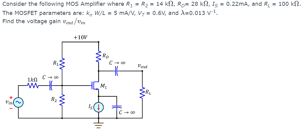 Consider the following MOS Amplifier where R1 = R2 = 14 kΩ, RD = 28 kΩ, IS = 0.22 mA, and RL = 100 kΩ. The MOSFET parameters are: knW/L = 5 mA/V, VT = 0.6 V, and λ = 0.013 V−1. Find the voltage gain vout/vin