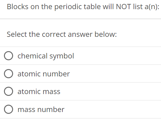 Blocks on the periodic table will NOT list a(n): Select the correct answer below: chemical symbol atomic number atomic mass mass number 