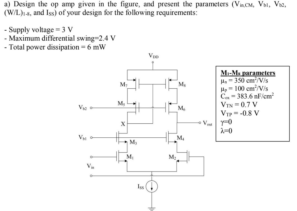 a) Design the op amp given in the figure, and present the parameters (Vin, CM, Vbl, Vb2, (W/L)1−8, and ISS) of your design for the following requirements: Supply voltage = 3 V Maximum differential swing = 2.4 V Total power dissipation = 6 mW M1−M8 parameters μn = 350 cm2 /V/s μp = 100 cm2 /V/s Cox = 383.6 nF/cm2 VTN = 0.7 VVTP = −0.8 Vγ = 0 λ = 0