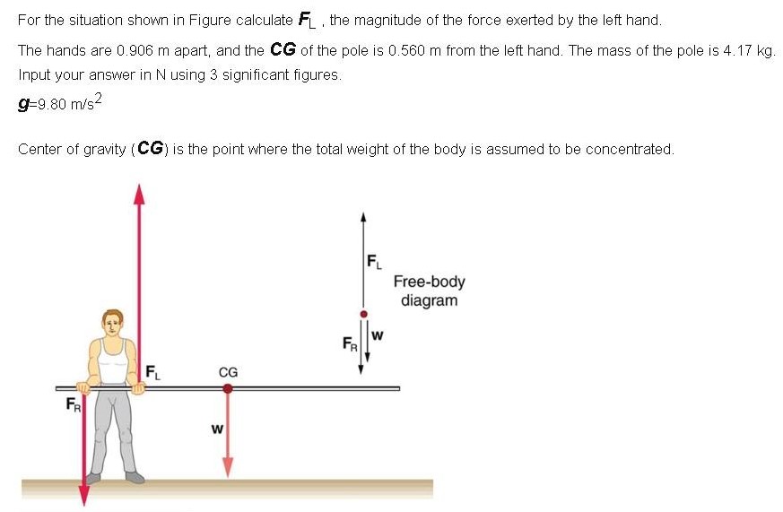 For the situation shown in Figure calculate FL, the magnitude of the force exerted by the left hand. The hands are 0.906 m apart, and the CG of the pole is 0.560 m from the left hand. The mass of the pole is 4.17 kg. Input your answer in N using 3 significant figures. g = 9.80 m/s2 Center of gravity (CG) is the point where the total weight of the body is assumed to be concentrated.