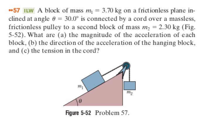 A block of mass m1 = 3.70 kg on a frictionless plane inclined at angle θ = 30.0∘ is connected by a cord over a massless, frictionless pulley to a second block of mass m2 = 2.30 kg (Fig. 5-52). What are (a) the magnitude of the acceleration of each block, (b) the direction of the acceleration of the hanging block, and (c) the tension in the cord? Figure 5-52 Problem 57.