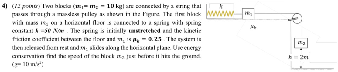 Two blocks (m1 = m2 = 10 kg) are connected by a string that passes through a massless pulley as shown in the Figure. The first block with mass m1 on a horizontal floor is connected to a spring with spring constant k = 50 N/m. The spring is initially unstretched and the kinetic friction coefficient between the floor and m1 is μk = 0.25. The system is then released from rest and m1 slides along the horizontal plane. Use energy conservation find the speed of the block m2 just before it hits the ground. (g = 10 m/s2)