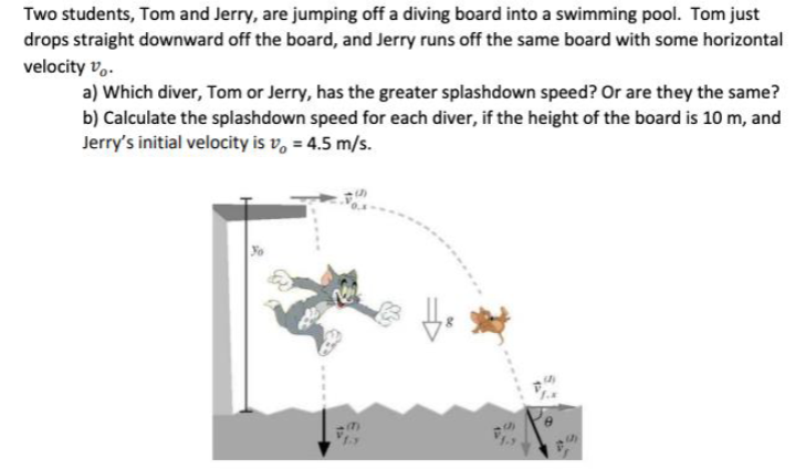 Two students, Tom and Jerry, are jumping off a diving board into a swimming pool. Tom just drops straight downward off the board, and Jerry runs off the same board with some horizontal velocity vo. a) Which diver, Tom or Jerry, has the greater splashdown speed? Or are they the same? b) Calculate the splashdown speed for each diver, if the height of the board is 10 m, and Jerry's initial velocity is vo = 4.5 m/s.