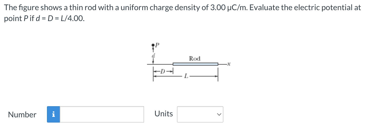 The figure shows a thin rod with a uniform charge density of 3.00 μC/m. Evaluate the electric potential at point P if d = D = L/4.00. Number Units