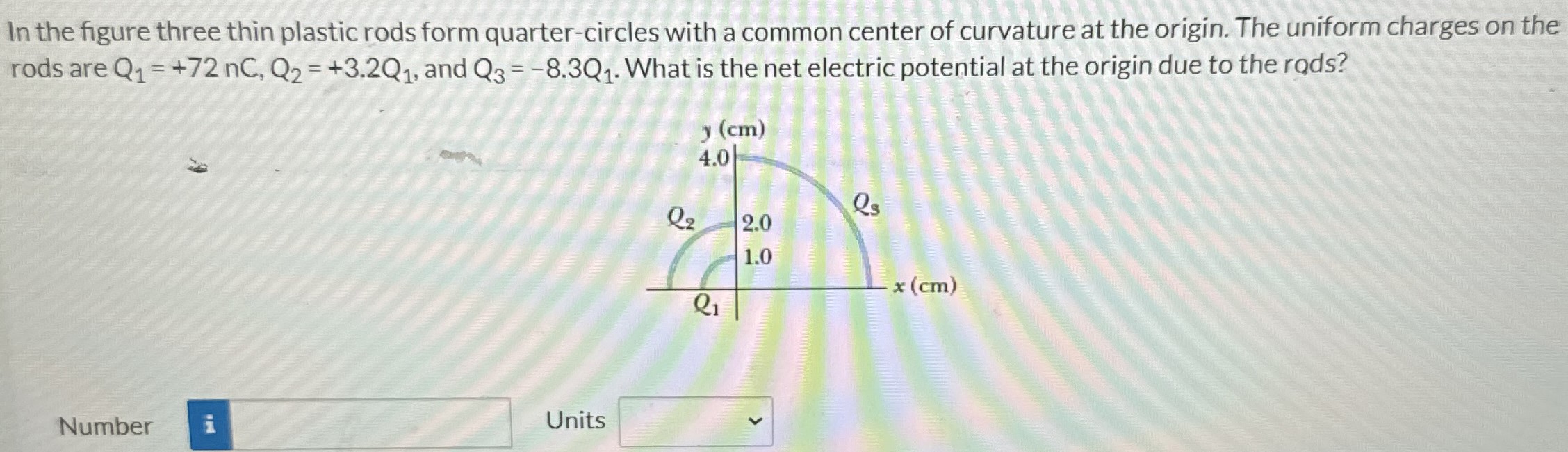 In the figure three thin plastic rods form quarter-circles with a common center of curvature at the origin. The uniform charges on the rods are Q1 = +72 nC, Q2 = +3.2Q1, and Q3 = −8.3Q1. What is the net electric potential at the origin due to the rods? Number Units