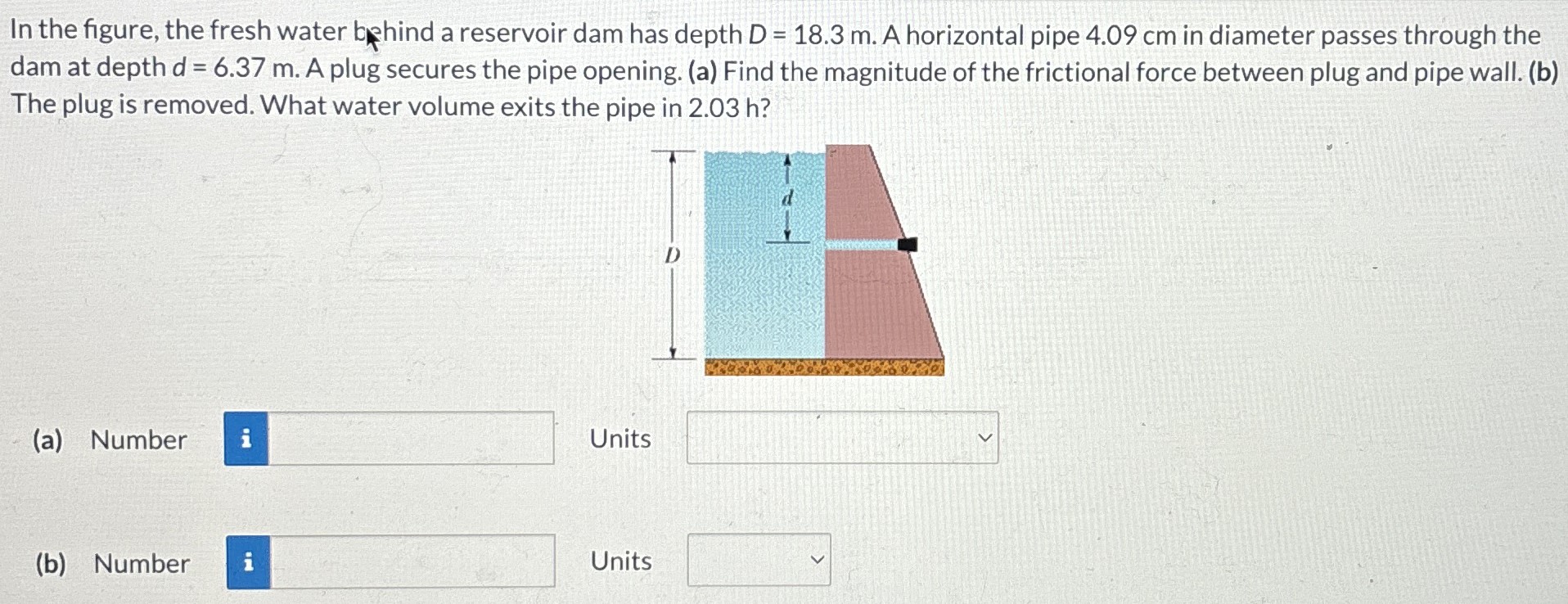 In the figure, the fresh water behind a reservoir dam has depth D = 18.3 m. A horizontal pipe 4.09 cm in diameter passes through the dam at depth d = 6.37 m. A plug secures the pipe opening. (a) Find the magnitude of the frictional force between plug and pipe wall. (b) The plug is removed. What water volume exits the pipe in 2.03 h? (a) Number Units (b) Number Units