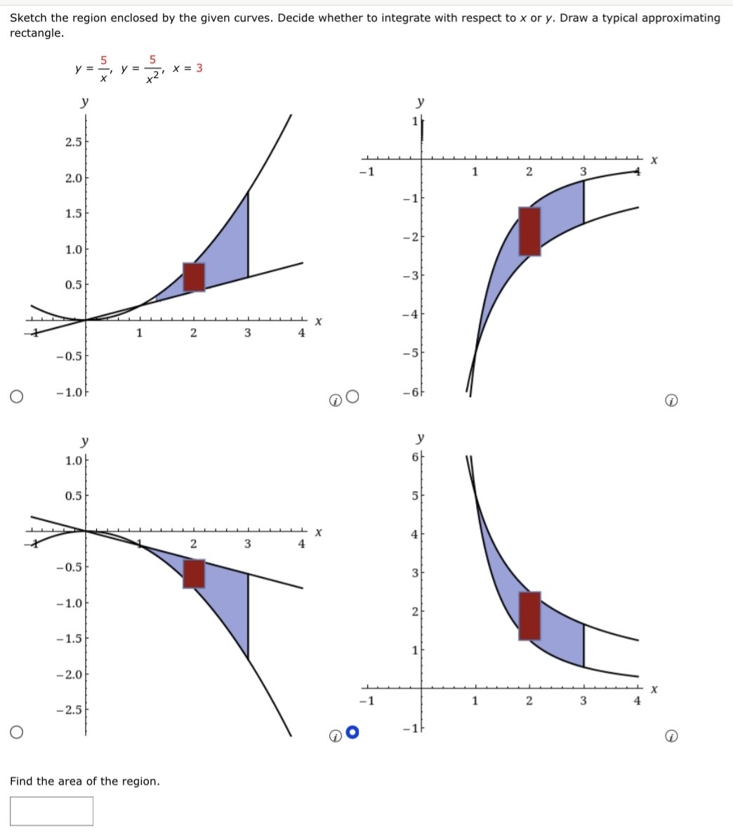 Sketch the region enclosed by the given curves. Decide whether to integrate with respect to x or y. Draw a typical approximating rectangle. y = 5/x, y = 5/x2, x = 3 Find the area of the region.