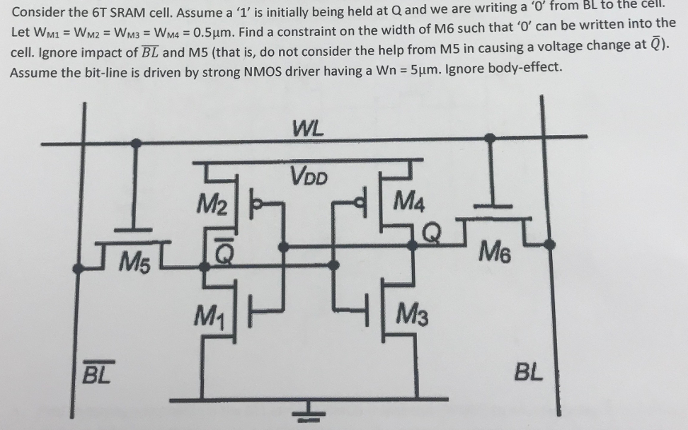 Consider the 6 T SRAM cell. Assume a '1' is initially being held at Q and we are writing a '0' from BL to the cell. Let WM1 = WM2 = WM3 = WM4 = 0.5 μm. Find a constraint on the width of M6 such that '0' can be written into the cell. Ignore impact of BL¯ and M5 (that is, do not consider the help from M5 in causing a voltage change at Q¯). Assume the bit-line is driven by strong NMOS driver having a Wn = 5 μm. Ignore body-effect.