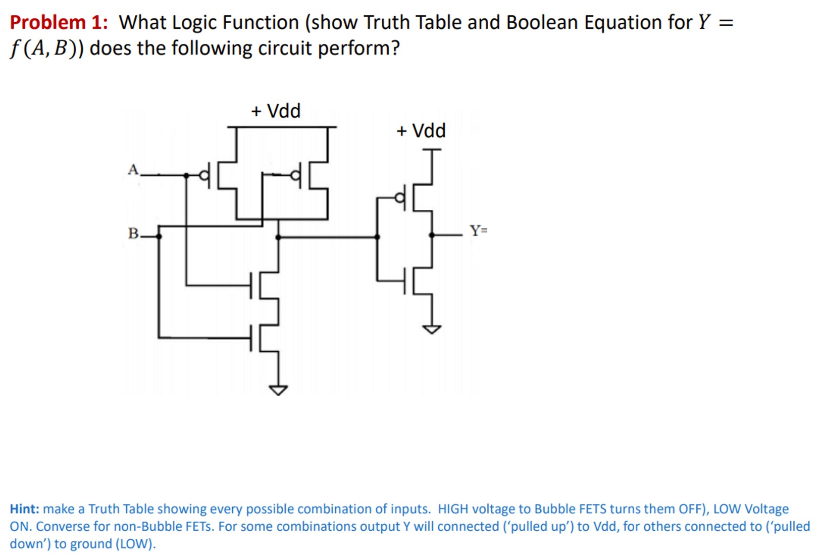 Problem 1: What Logic Function (show Truth Table and Boolean Equation