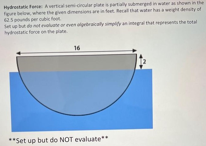 Hydrostatic Force: A vertical semi-circular plate is partially submerged in water as shown in the figure below, where the given dimensions are in feet. Recall that water has a weight density of 62.5 pounds per cubic foot. Set up but do not evaluate or even algebraically simplify an integral that represents the total hydrostatic force on the plate. ** Set up but do NOT evaluate** 