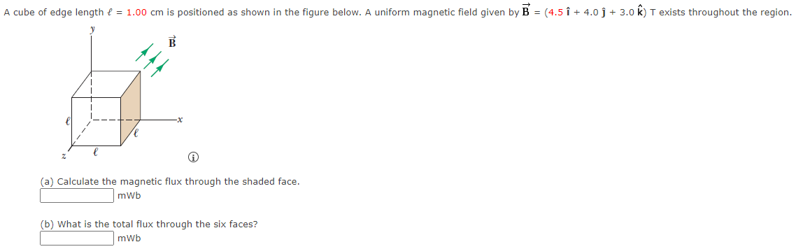 A cube of edge length ℓ = 1.00 cm is positioned as shown in the figure below. A uniform magnetic field given by B→ = (4.5 i^ + 4.0 j^ + 3.0 k^)T exists throughout the region. (a) Calculate the magnetic flux through the shaded face. mWb (b) What is the total flux through the six faces? mWb