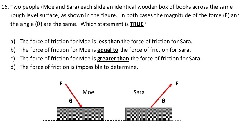 Two people (Moe and Sara) each slide an identical wooden box of books across the same rough level surface, as shown in the figure. In both cases the magnitude of the force (F) anc the angle (θ) are the same. Which statement is TRUE? a) The force of friction for Moe is less than the force of friction for Sara. b) The force of friction for Moe is equal to the force of friction for Sara. c) The force of friction for Moe is greater than the force of friction for Sara. d) The force of friction is impossible to determine.