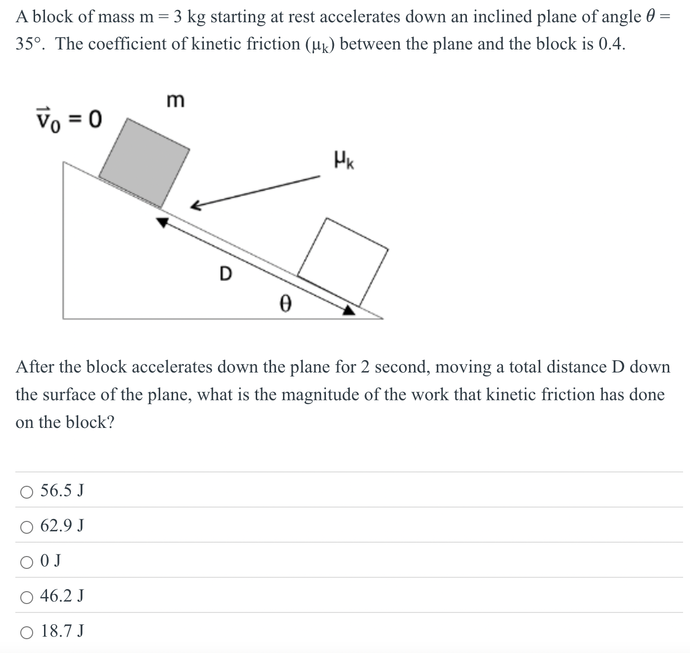 A block of mass m = 3 kg starting at rest accelerates down an inclined plane of angle θ = 35∘. The coefficient of kinetic friction (μk) between the plane and the block is 0.4. After the block accelerates down the plane for 2 second, moving a total distance D down the surface of the plane, what is the magnitude of the work that kinetic friction has done on the block? 56.5 J 62.9 J 0 J 46.2 J 18.7 J