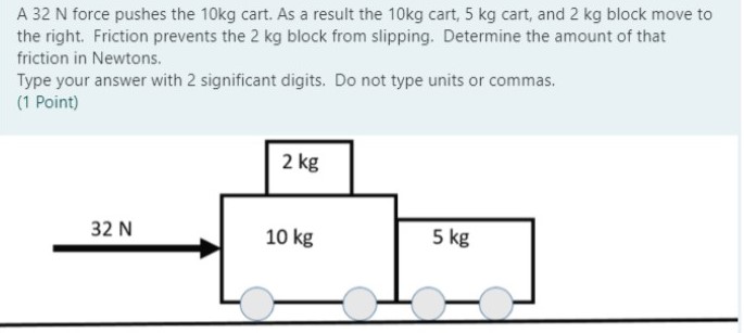 A 32 N force pushes the 10 kg cart. As a result the 10 kg cart, 5 kg cart, and 2 kg block move to the right. Friction prevents the 2 kg block from slipping. Determine the amount of that friction in Newtons. Type your answer with 2 significant digits. Do not type units or commas. (1 Point)