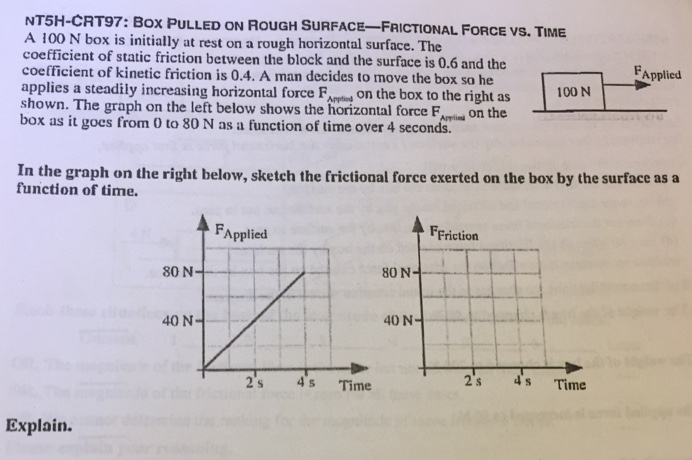 A 100 N box is initially at rest on a rough horizontal surface. The coefficient of static friction between the block and the surface is 0.6 and the coefficient of kinetic friction is 0.4 . A man decides to move the box so he applies a steadily increasing horizontal force FApplied on the box to the right as shown. The graph on the left below shows the horizontal force FApplied on the box as it goes from 0 to 80 N as a function of time over 4 seconds. In the graph on the right below, sketch the frictional force exerted on the box by the surface as a function of time. Explain.